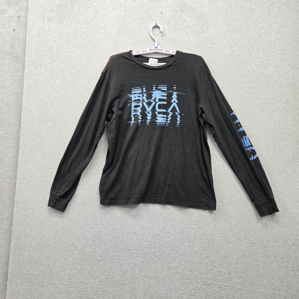 RVCA Men Shirt L Black Logo Spellout Graphic Print Long Sleeve Vintage Wash